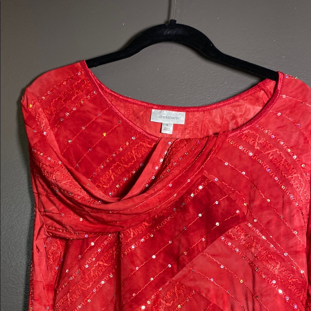 Dressbarn Scarlet Red Sequin Top W/ Tiny Ribbon Detail